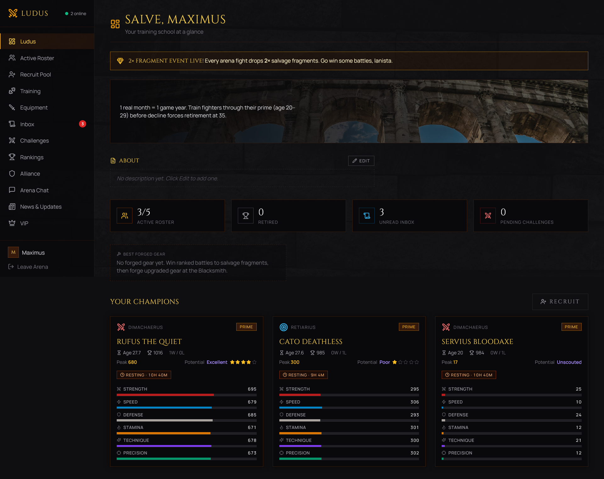 Lanista gladiator manager dashboard — your ludus at a glance with your champions