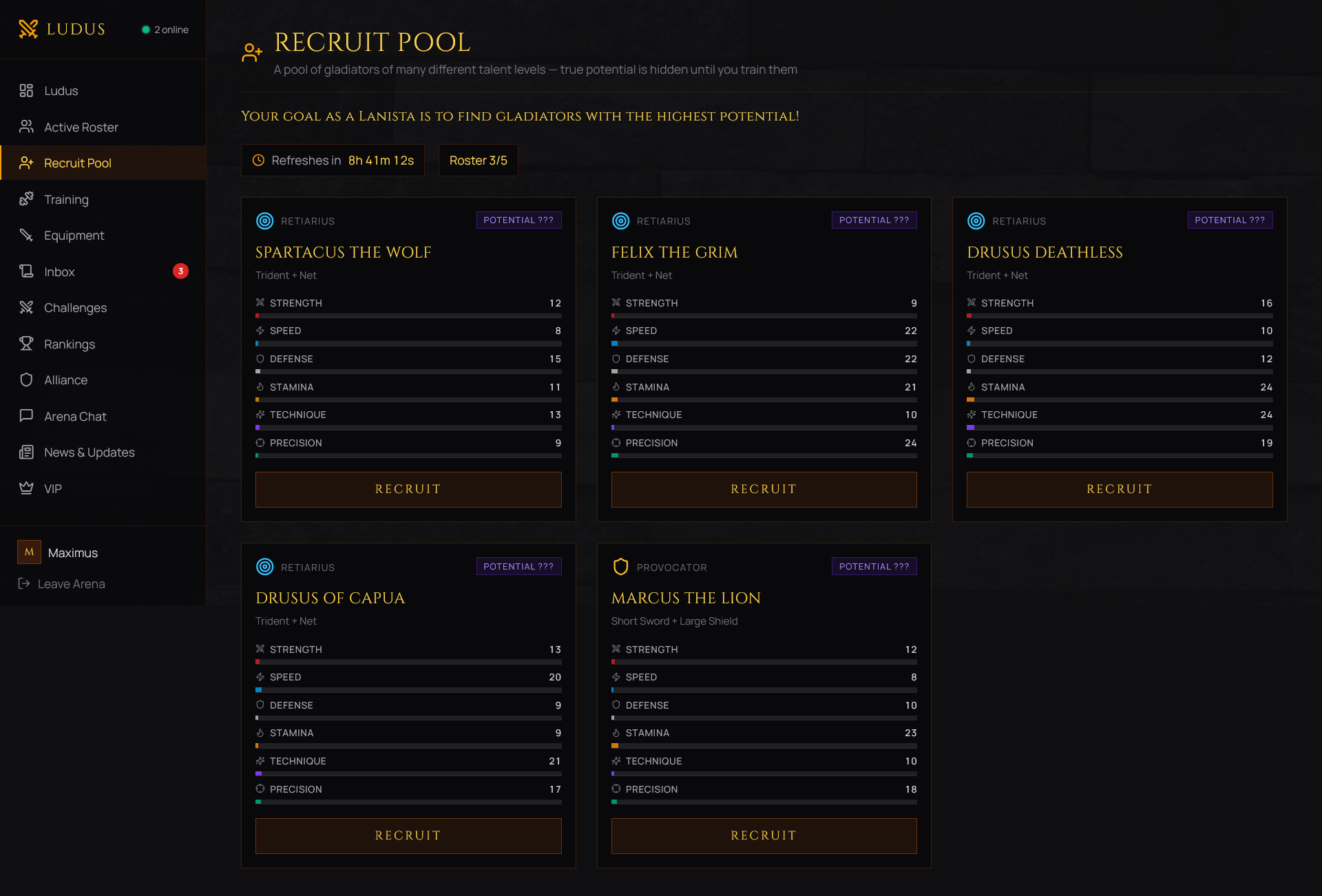 Recruit pool — scout new gladiators with hidden potential