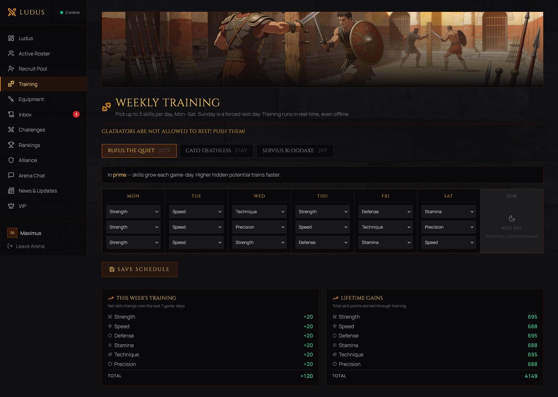 Weekly real-time training schedule for your gladiators