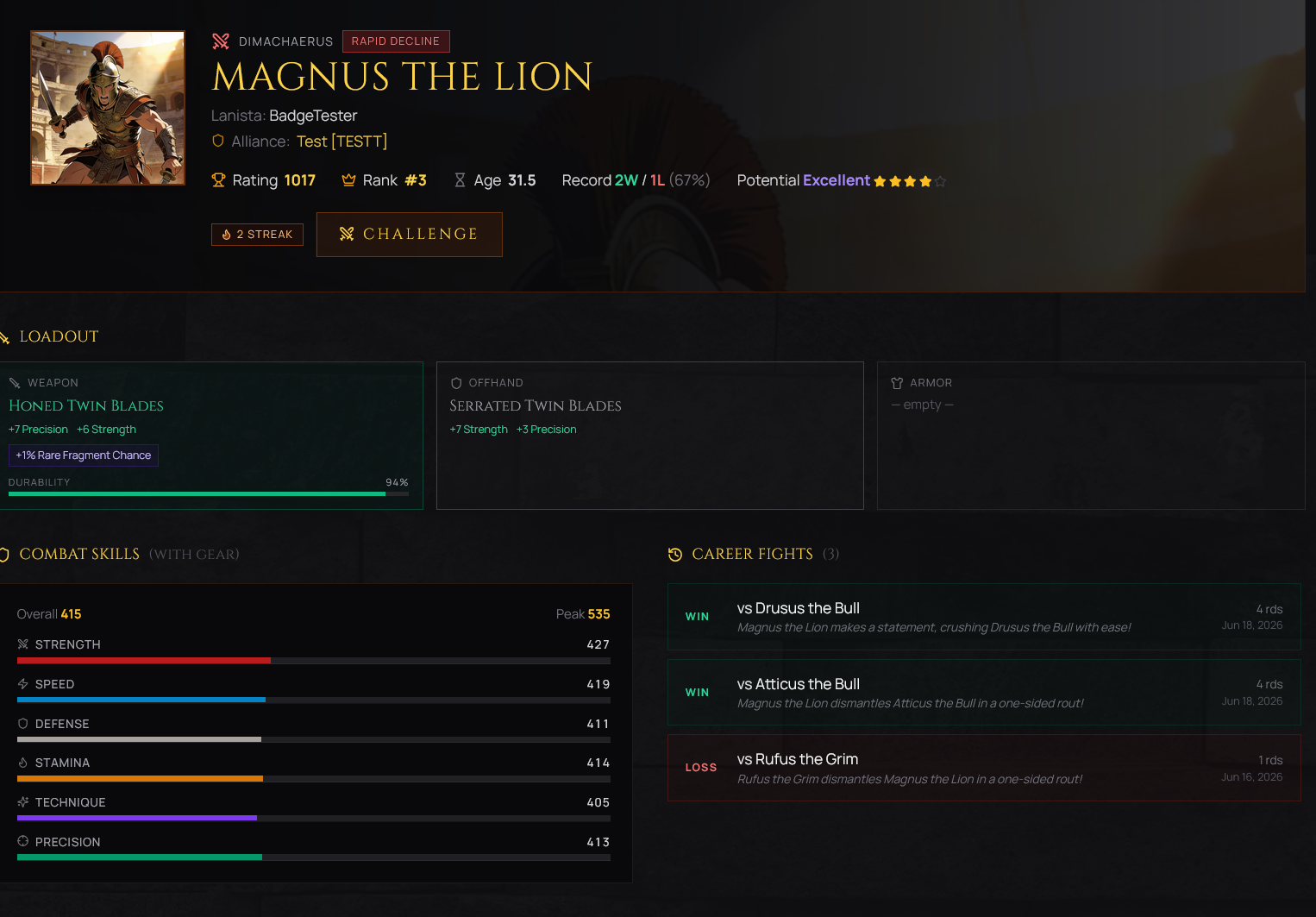 Gladiator profile — loadout, combat skills and career fights